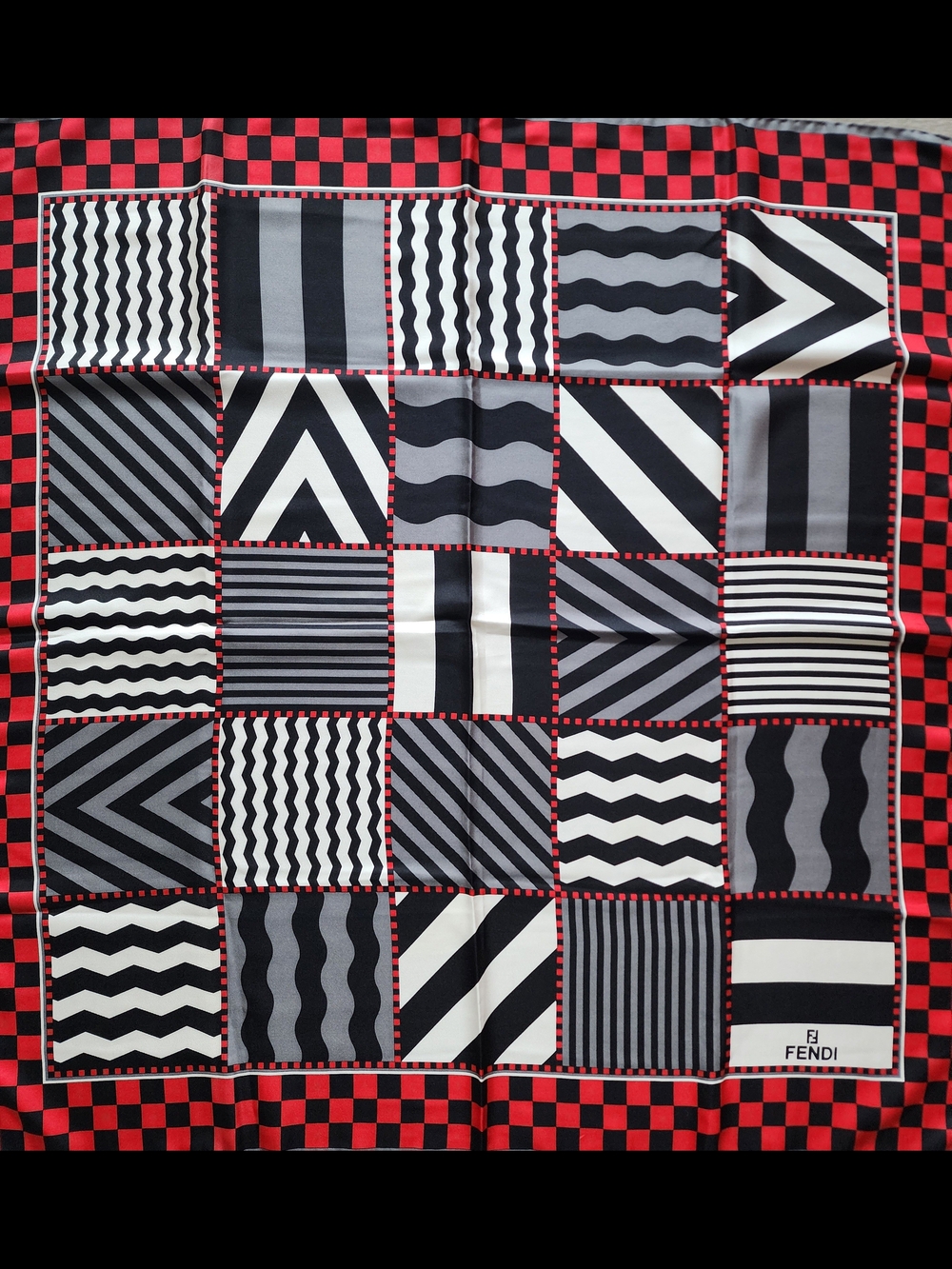 Fendi Black, White & Red Geometric Silk Scarf